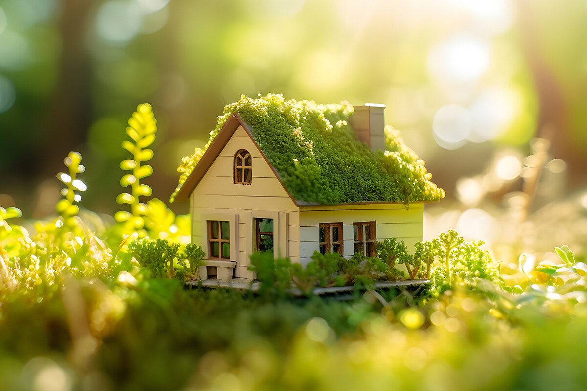 Eco House In Green Environment. Miniture House On Grass, KI-generated, sustainability , nachhaltiges renovieren , SFH