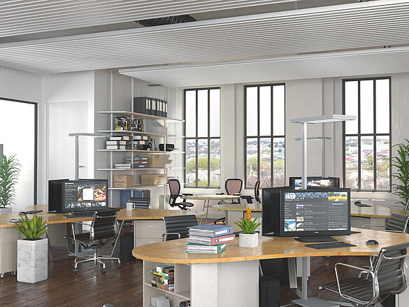 Rendering Zehnder ZFP Urban Heating and cooling ceiling system Angled view