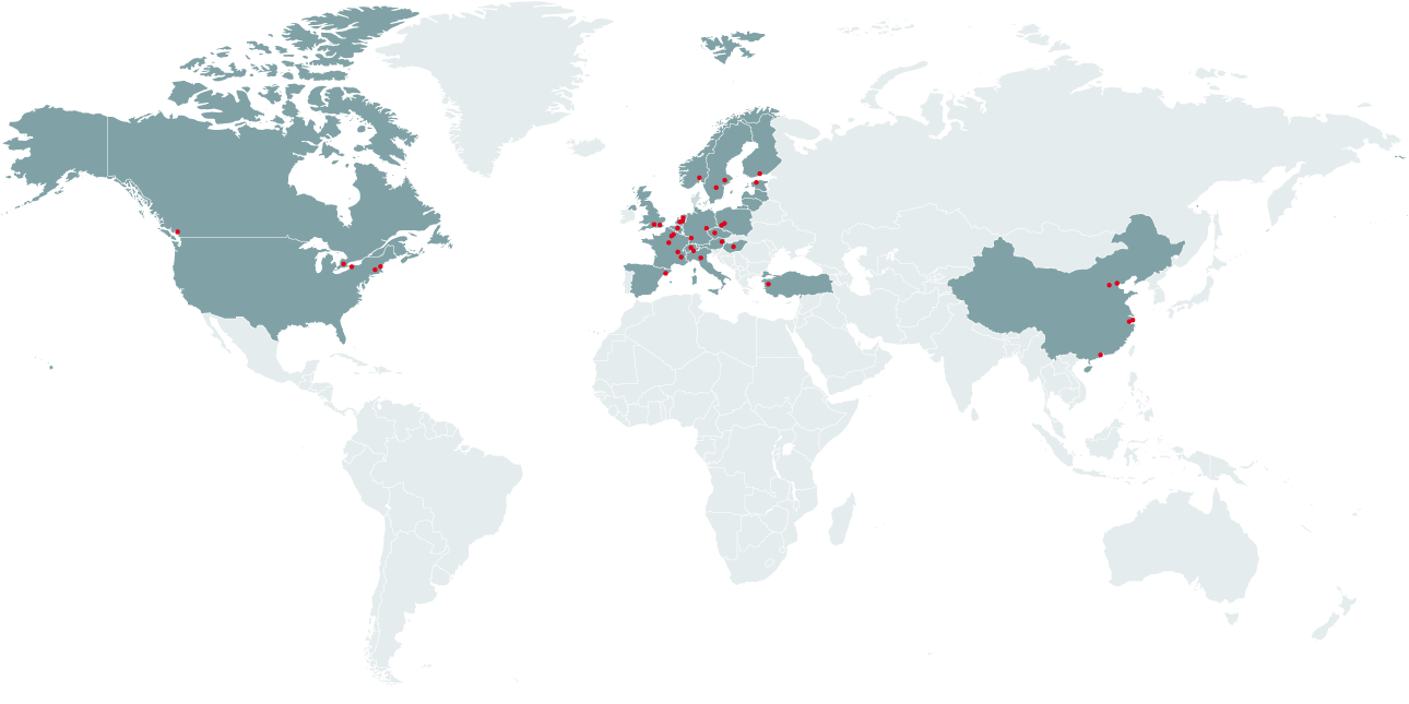 Infografik der Weltkarte der Zehnder Group mit allen lokalen Vertriebsgesellschaften und Repräsentanzen in über siebzig Ländern